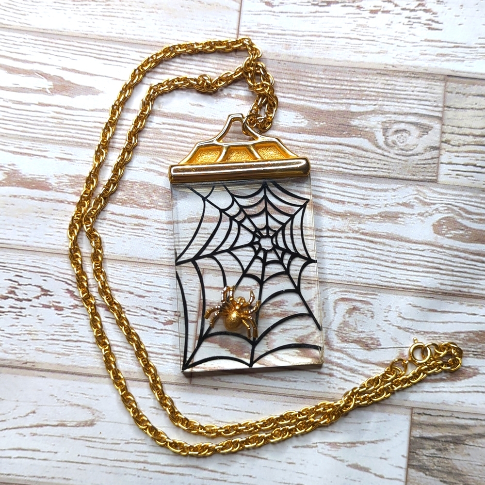 Vintage JJ Jonette Lucite Spider on Web Pendant Necklace